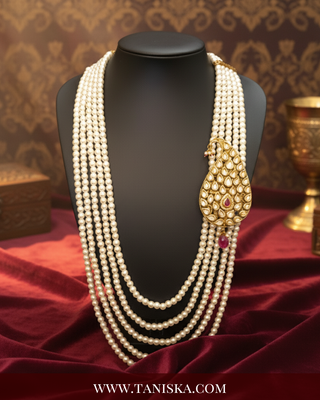 The Rajwada Sovereign | Grand Kundan & Gold Mala | Pearl White Kundan 5 Layered Mens / Groom Mala