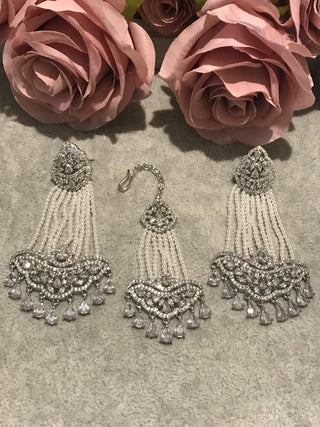 American Diamond Style Earring & Tikka Set - Silver