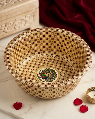 Handcrafted Meenakari Choora Bowl | Traditional Peacock Design Wedding Ritual Bowl | 14cm Gold Enamel Bowl