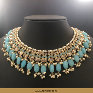 Baby Blue Traditional Necklace Set - Antique Gold - Necklace Set