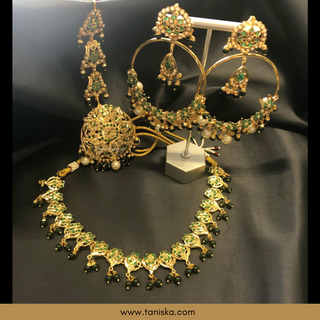 Emerald Green Traditional Punjabi Necklace Set - Gold Plated (Jadau) - Necklace Set
