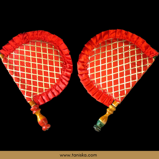 Red Cross Stripes Punjabi Pakhi (Hand Fans) - Pack of 2 - Decorative Hand Fan