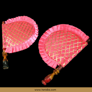 Pink Cross Stripes Punjabi Pakhi (Hand Fans) - Pack of 2 - Decorative Hand Fan