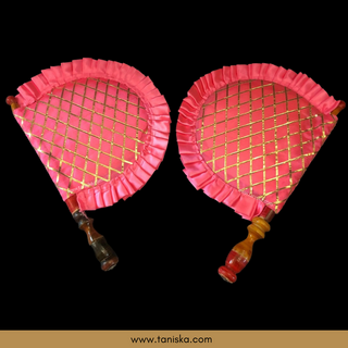 Pink Cross Stripes Punjabi Pakhi (Hand Fans) - Pack of 2 - Decorative Hand Fan