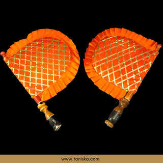 Orange Cross Stripes Punjabi Pakhi (Hand Fans) - Pack of 2 - Decorative Hand Fan