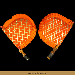 Orange Cross Stripes Punjabi Pakhi (Hand Fans) - Pack of 2 - Decorative Hand Fan