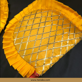 Yellow Cross Stripes Punjabi Pakhi (Hand Fans) - Pack of 2 - Decorative Hand Fan