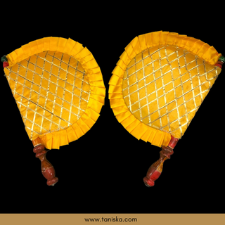 Yellow Cross Stripes Punjabi Pakhi (Hand Fans) - Pack of 2 - Decorative Hand Fan