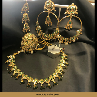 Emerald Green Traditional Punjabi Necklace Set - Gold Plated (Jadau) - Necklace Set