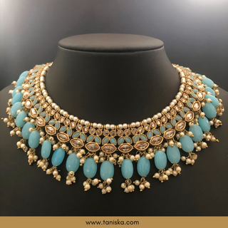 Baby Blue Traditional Necklace Set - Antique Gold - Necklace Set