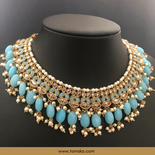 Baby Blue Traditional Necklace Set - Antique Gold - Necklace Set