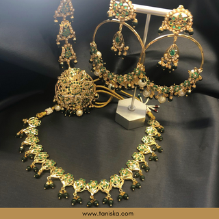 Emerald Green Traditional Punjabi Necklace Set - Gold Plated (Jadau) - Necklace Set