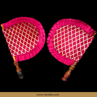 Hot Pink Cross Stripes Punjabi Pakhi (Hand Fans) - Pack of 2 - Decorative Hand Fan