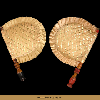 Golden Cross Stripes Punjabi Pakhi (Hand Fans) - Pack of 2 - Decorative Hand Fan
