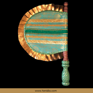 Punjabi Pakhi with Golden-Mint Decorated Patterns (Hand-Fan - Single Piece) - Decorative Hand Fan