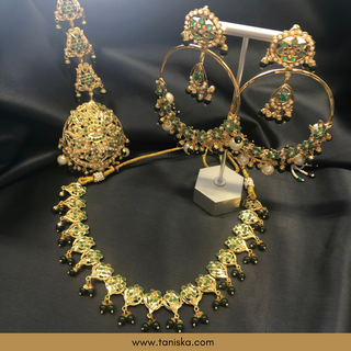 Emerald Green Traditional Punjabi Necklace Set - Gold Plated (Jadau) - Necklace Set