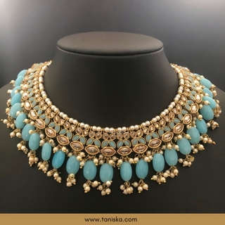 Baby Blue Traditional Necklace Set - Antique Gold - Necklace Set
