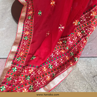 The Royal Crimson Star Phulkari Dupatta - Punjabi Phulkari Dupatta