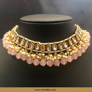 Baby Pink Traditional Necklace Set - Antique Gold - Necklace Set