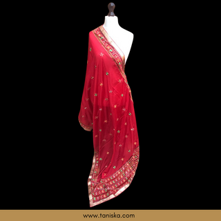 The Royal Crimson Star Phulkari Dupatta - Punjabi Phulkari Dupatta