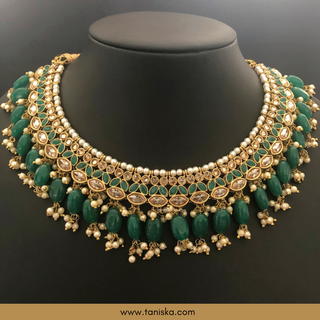 Emerald Green Traditional Necklace Set - Antique Gold - Necklace Set