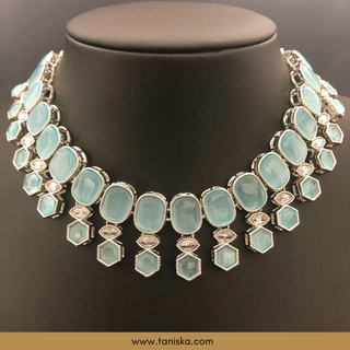 Icy Baby Blue Traditional Necklace Set - Antique Silver - Necklace Set