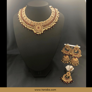 Maroon Traditional Necklace Set - Antique Gold - Necklace Set