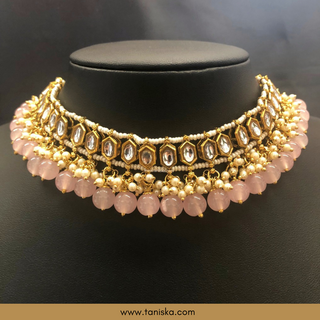 Baby Pink Traditional Necklace Set - Antique Gold - Necklace Set