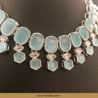 Icy Baby Blue Traditional Necklace Set - Antique Silver - Necklace Set