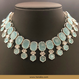 Icy Baby Blue Traditional Necklace Set - Antique Silver - Necklace Set
