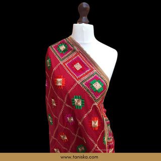 The Royal Ruby Phulkari Dupatta - Punjabi Phulkari Dupatta