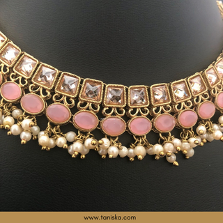 Baby Pink Traditional Necklace Set - Antique Gold - Necklace Set