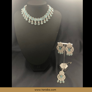 Icy Baby Blue Traditional Necklace Set - Antique Silver - Necklace Set