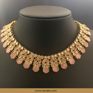 Baby Pink Traditional Necklace Set - Antique Gold - Necklace Set