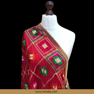 The Royal Ruby Phulkari Dupatta - Punjabi Phulkari Dupatta