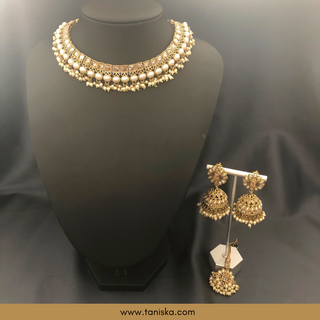 Golden Traditional Necklace Set - Antique Gold - Necklace Set