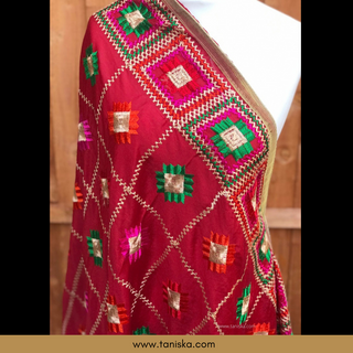 The Royal Ruby Phulkari Dupatta - Punjabi Phulkari Dupatta