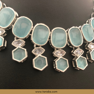 Icy Baby Blue Traditional Necklace Set - Antique Silver - Necklace Set