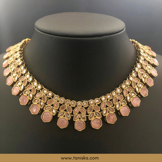 Baby Pink Traditional Necklace Set - Antique Gold - Necklace Set