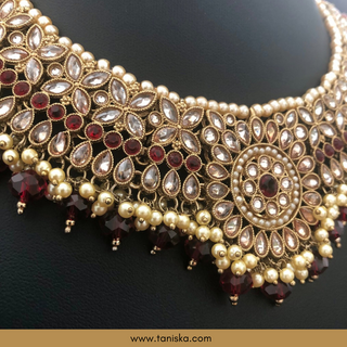 Maroon Traditional Necklace Set - Antique Gold - Necklace Set