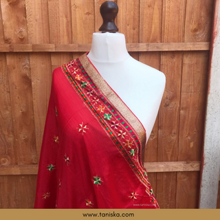 The Royal Crimson Star Phulkari Dupatta - Punjabi Phulkari Dupatta