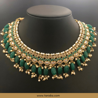 Emerald Green Traditional Necklace Set - Antique Gold - Necklace Set