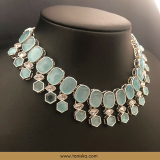 Icy Baby Blue Traditional Necklace Set - Antique Silver - Necklace Set