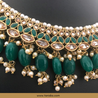 Emerald Green Traditional Necklace Set - Antique Gold - Necklace Set