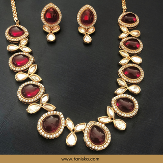 Ruby Red Kundan Traditional Necklace Set - Antique Gold - Necklace Set