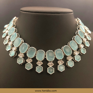Icy Baby Blue Traditional Necklace Set - Antique Silver - Necklace Set