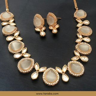 White Kundan Traditional Necklace Set - Antique Gold - Necklace Set