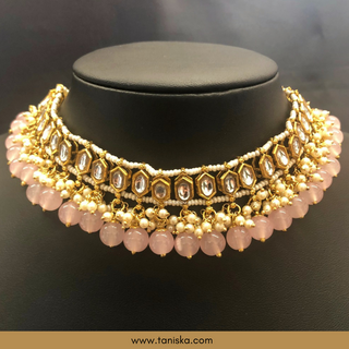Baby Pink Traditional Necklace Set - Antique Gold - Necklace Set