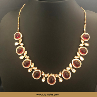 Ruby Red Kundan Traditional Necklace Set - Antique Gold - Necklace Set