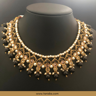 Midnight Black Traditional Necklace Set - Antique Gold - Necklace Set